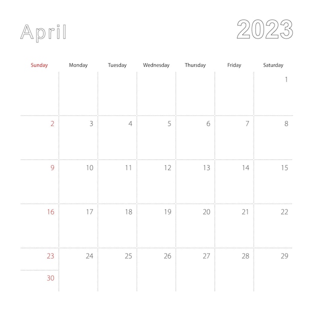 Prosty Kalendarz ścienny Na Kwiecień 2023 Z Kropkowanymi Liniami Kalendarz W Języku Angielskim Zaczyna Się Od Niedzieli