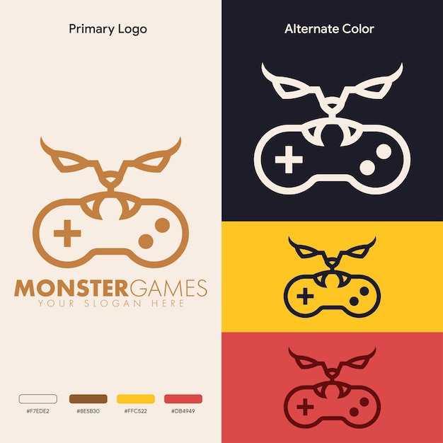 prosty, minimalistyczny projekt logo gamepada z joystickiem jedzącym potwora