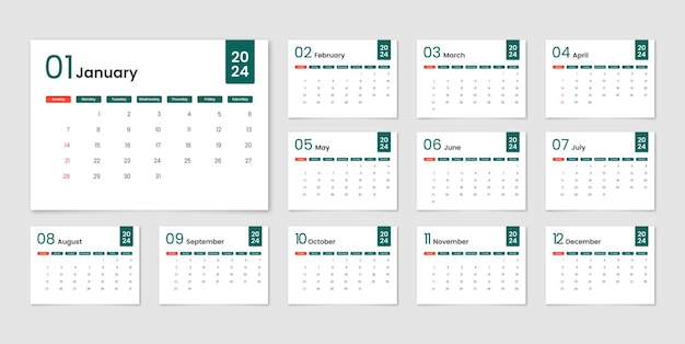 Plik wektorowy prosty minimalistyczny szablon kalendarza na nowy rok 2024