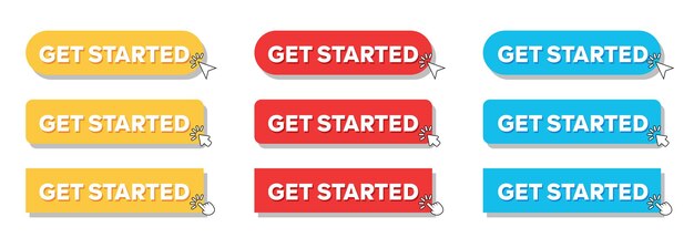 Prosty przycisk Get Started Web Set z wskaźnikiem ręcznym lub wskaźnikiem strzałką nowoczesny minimalistyczny styl wektorowy
