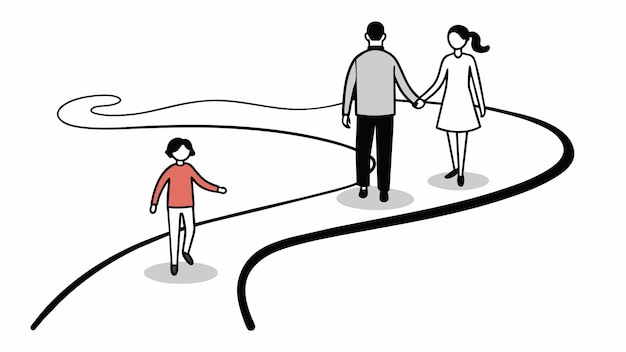 Plik wektorowy prosty rysunek dwóch członków rodziny trzymających się za ręce podczas chodzenia po krętej ścieżce