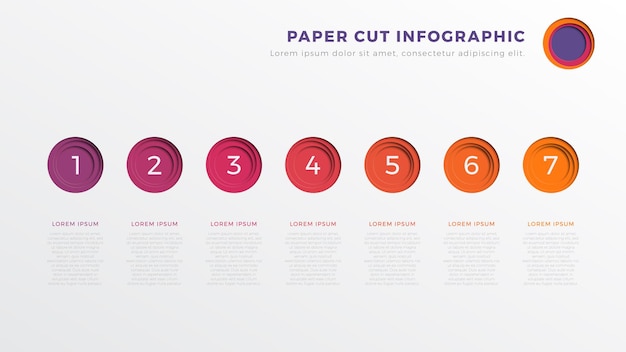 Prosty Siedmiokrokowy Szablon Infografiki Osi Czasu Z Okrągłymi Elementami Procesu Biznesowego Cięcia Papieru