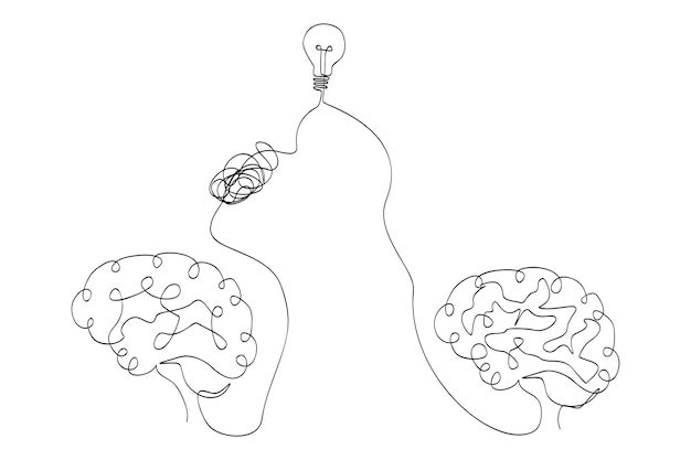 Plik wektorowy prosty wektor szkic ludzki mózg i żarówka pomysł na lampę pojedynczą grafikę liniową ciągłą