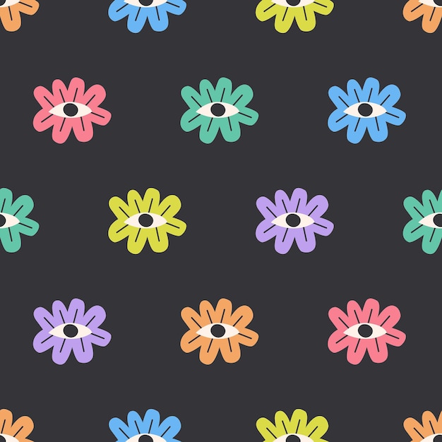 Prosty Wzór Kolorowe Kwiaty Na Czarnym Tle Psychodeliczne Kwiaty Z Okiem