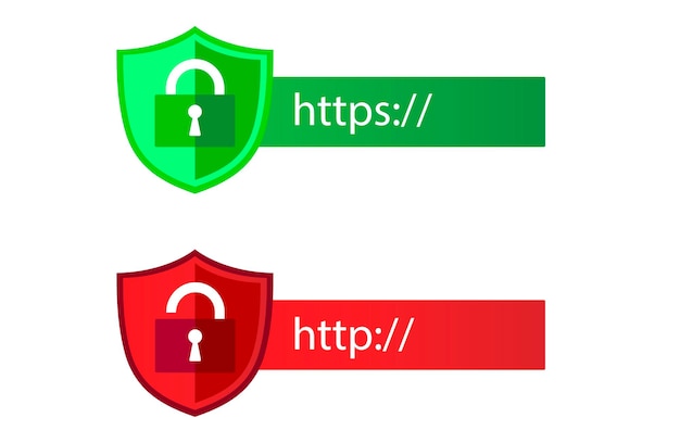 Protokoły HTTP i HTTPS na tarczy. Bezpieczny, HTTPS. Zabezpieczona tarcza SSL i symbole kłódki.