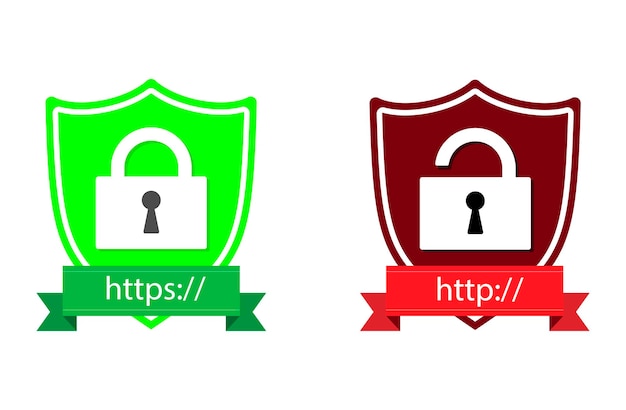 Protokoły HTTP i https na tarczy. Bezpieczny i bezpieczny https. Zabezpieczona tarcza ssl i symbole kłódki.