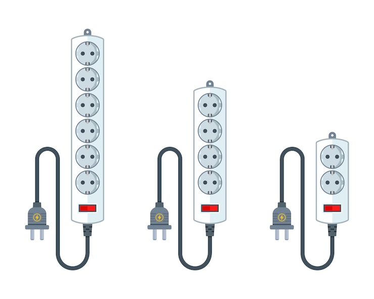 Przedłużacz elektryczny do sprzętu AGD. zestaw różnych długości przedłużaczy. płaska ilustracja na białym tle.