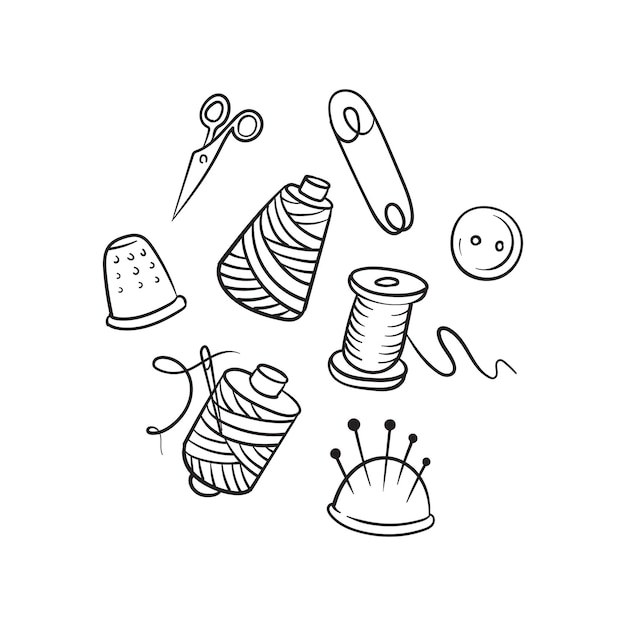 Plik wektorowy przedmioty do robótek ręcznych i dziewiarskich w stylu doodle ilustracja wektorowa na białym tle