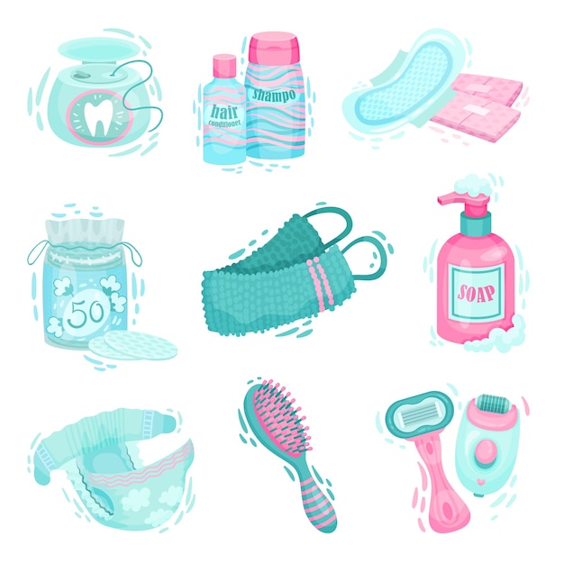 Plik wektorowy przedmioty higieny osobiste z nitką dentystyczną i zestawem przenośnych mydła płynnego
