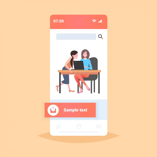 Przedsiębiorców Współpracowników Siedzi Przy Biurku Pracy Dwie Kobiety Biznesu Za Pomocą Laptopa Pracy Procesu Pracy Zespołowej Koncepcji Smartphone Ekran Aplikacji Mobilnej Pełnej Długości