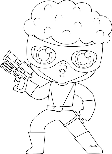 Plik wektorowy przedstawił ładny superbohater dzieciak chłopiec postać z kreskówki z pistoletem wektor ręcznie rysowane ilustracja