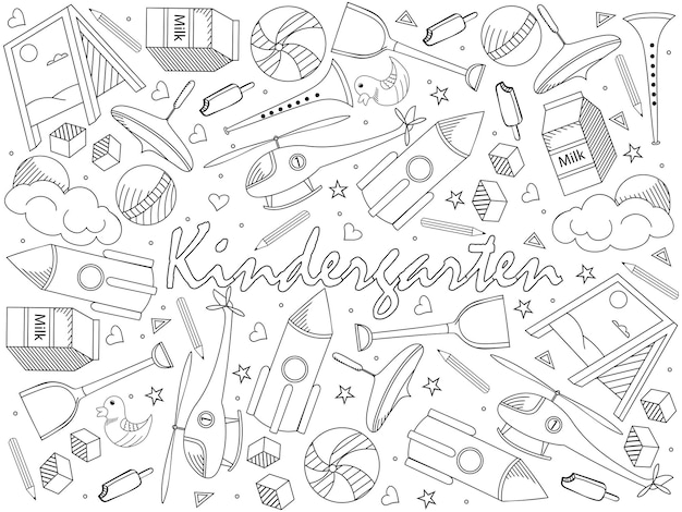 Przedszkole kolorowanie książki linia sztuki projektowania wektor Oddzielne obiekty Ręcznie rysowane elementy projektu doodle