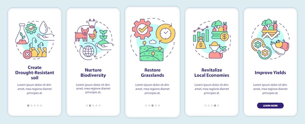 Przejście Do Kultury Regeneracji Ekran Aplikacji Mobilnej Onboarding Przewodnik Po Rolnictwie 5 Kroków Instrukcje Graficzne Strony Z Koncepcjami Liniowymi Szablon Ui Ux Gui Myriad Probold Użyte Zwykłe Czcionki