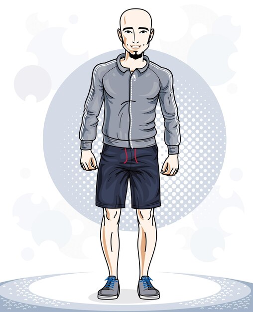 Przekonany, Przystojny łysy Młody Człowiek Sportowy Stojący. Ilustracja Wektorowa Mężczyzny Z Brodą I Noszenie Ubrań Sportowych, Styl Sportowy.