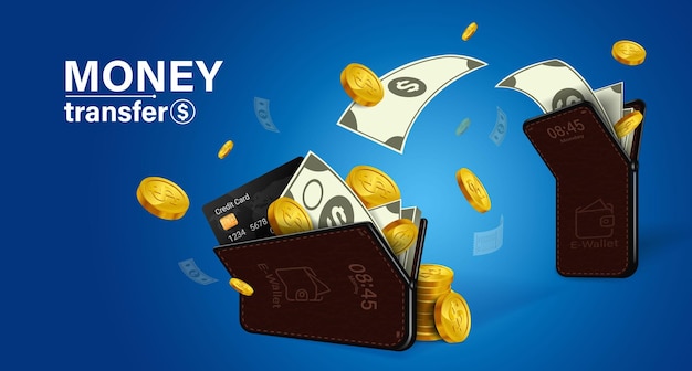 Plik wektorowy przelew pieniędzy przez smartfonpieniądze przepływają z portfela na mobilną aplikację do wymiany walut