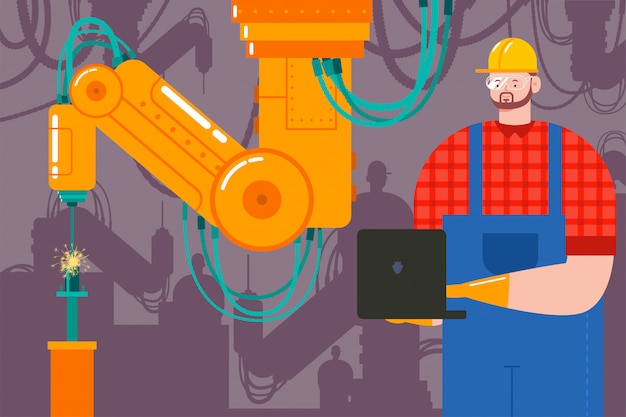 Przemysł koncepcja kreskówka wektor ilustracja fabryki z spawacza robota i inżynier z laptopem.