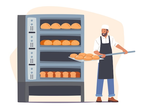 Przemysł Piekarniczy Fabryka Piekarni I Koncepcja Produkcji Chleba Piekarz Wkłada Surowe Bochenki Do Piekarnika W Celu Wypieku W Produkcji