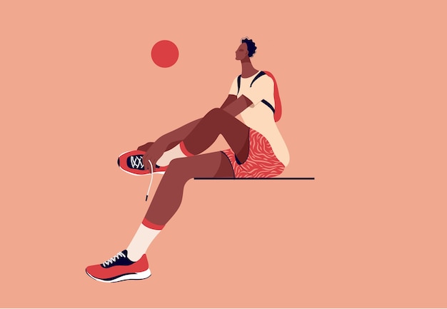 Przemyślany Afro Amerykański Koszykarz Siedzący Na ławce. Ilustracja Koncepcja Płaski.