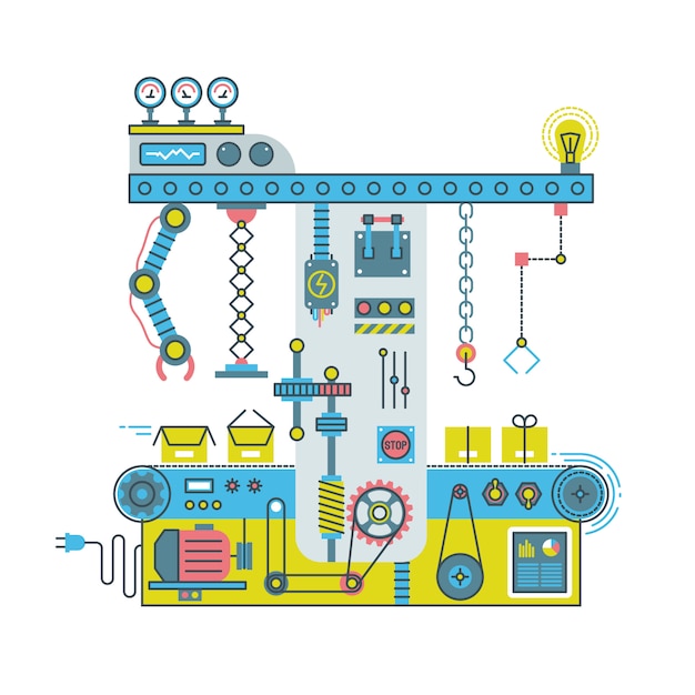 Plik wektorowy przenośnikowy system robotyczny z manipulatorami. płaski proces technologiczny