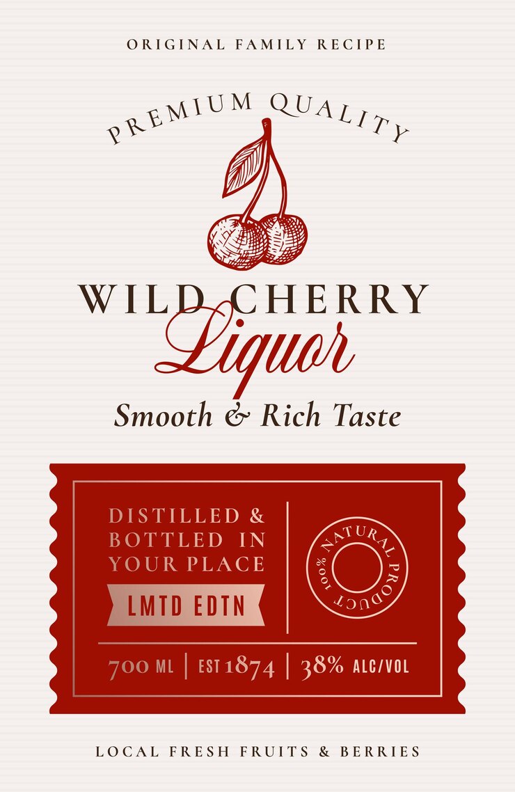 Wektor przepis rodzinny cherry liquor acohol label abstract vector packaging design layout modern typografia banner z ręcznie rysowane wiśnie sylwetka logo i tło
