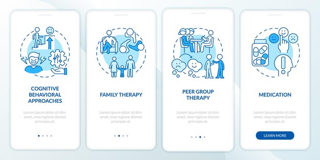 Przeprowadzanie leczenia zaburzeń niebieski ekran aplikacji mobilnej onboarding Przewodnik 4 kroki z instrukcjami graficznymi strony z liniowymi koncepcjami Szablon UI UX GUI Myriad ProBold Użyte zwykłe czcionki