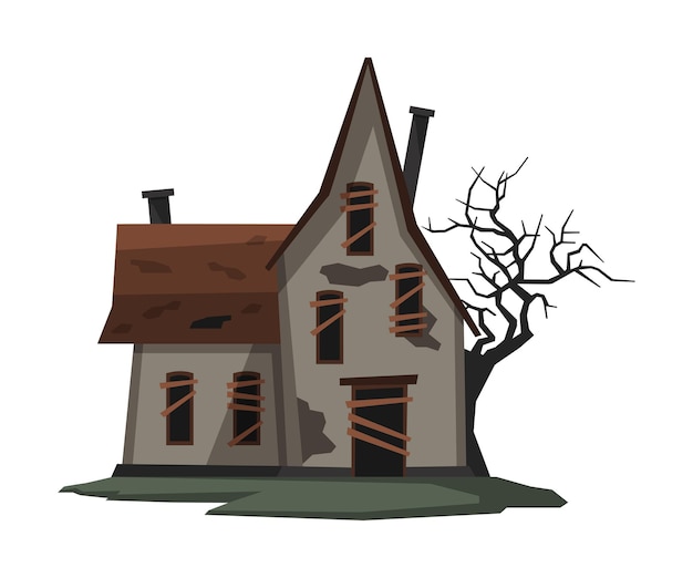 Plik wektorowy przerażający opuszczony dom halloween haunted cottage z oknami z deskami i przerażającą ilustracją wektorową drzewa na białym tle