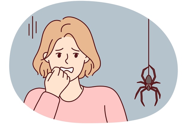 Plik wektorowy przerażona kobieta stawia rękę na twarz i widzi dużego pająka schodzącego z sufitu wzdłuż sieci wektorowej.