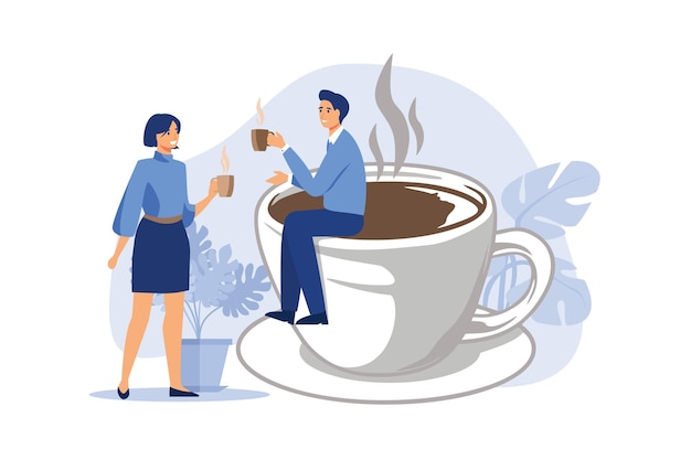 Plik wektorowy przerwa na kawę biznesmen i koleżanka z bizneswoman robią sobie przerwę na kawę ilustracyjną