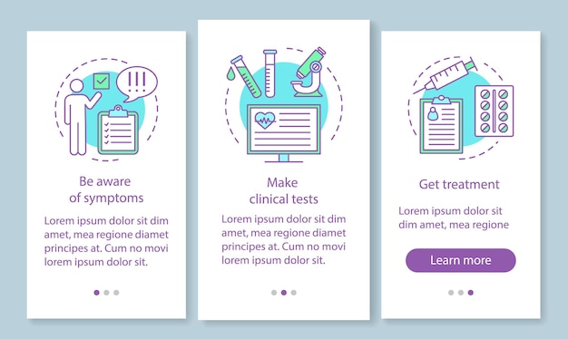 Przesiewowe Badania Medyczne Onboarding Szablon Wektor Ekranu Strony Aplikacji Mobilnej. Zrób Testy, Poddaj Się Leczeniu. Instruktażowe Kroki Strony Internetowej Z Ilustracjami Liniowymi. Koncepcja Interfejsu Smartfona Ux, Ui, Gui