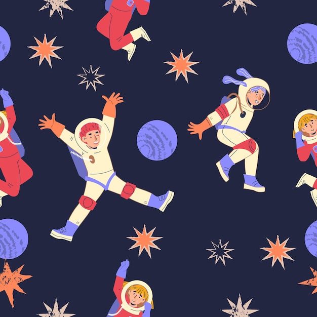 Przestrzeń bezszwowe wzór z astronautami i gwiazdami dla dzieci. Dziecinne powtarzalne tło dekoracyjne na temat kosmosu z wektorem kosmonautów dla dzieci