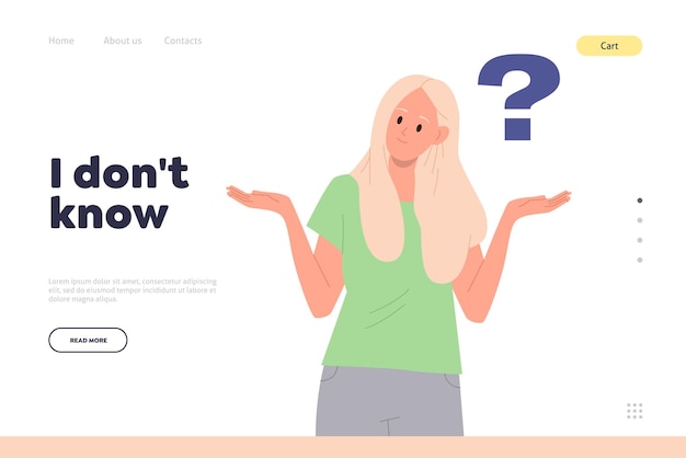Plik wektorowy przewodnik często zadawane pytania wsparcie techniczne pomoc dla klienta infolinia serwis internetowy strona docelowa z napisem „nie wiem” zdziwiona przytłoczona kobieta mająca pytanie potrzebuje informacji ilustracja wektorowa