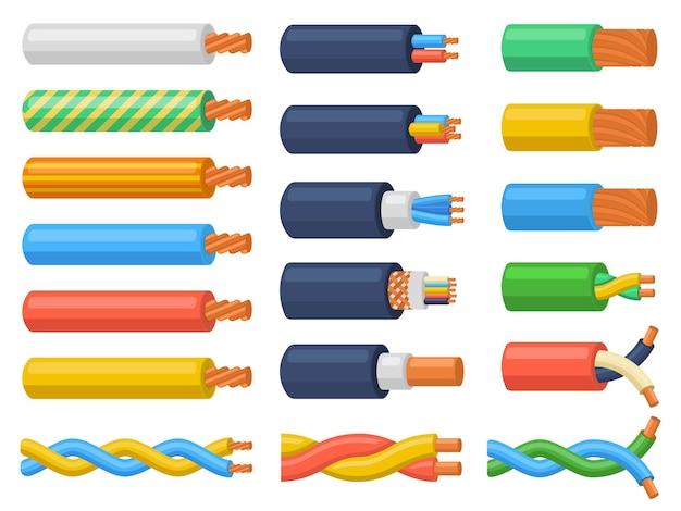 Przewody Zasilające Przewody Elektryczne Z Rdzeniem Miedzianym. Przewody Kabli Elektrycznych, Zestaw Ilustracji Wektorowych Elastyczny Sprzęt Elektryczny. Sprzętowy Kabel Elektryczny