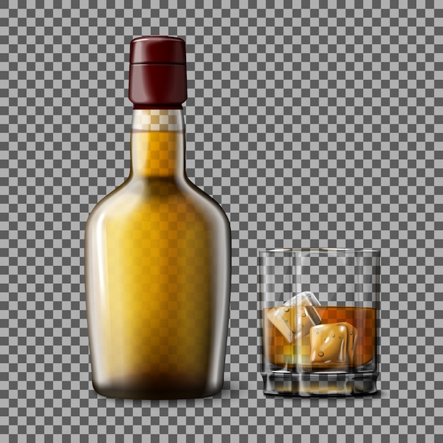Przezroczysta Realistyczna Butelka I Szklanka Z Dymną Szkocką Whisky I Lodem