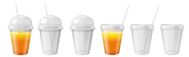 Przezroczysty plastikowy kubek. Kubek na wynos z pokrywką i słomką. Sok, mrożona herbata i woda napój pojemnik realistyczne makiety wektorowe. Ilustracja plastikowy przezroczysty pojemnik z kopułą na herbatę i sok