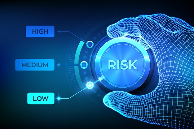 Przycisk Pokrętła Poziomów Ryzyka Koncepcja Biznesowa Zarządzania Ryzykiem Model Szkieletowy Ręka Ustawiająca Przycisk Poziomu Na Najniższej Pozycji Ilustracja Wektorowa