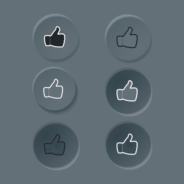 Przyciski lubią i nie lubią okrągłych kształtów na stronach internetowych i w mediach społecznościowych Elementy interfejsu wektorowego izolowane na ciemnym tle