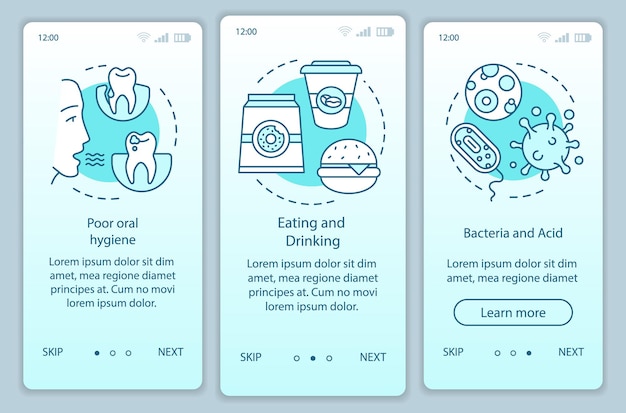 Przyczyny chorób zębów onboarding ekran strony aplikacji mobilnej z koncepcjami liniowymi. Instruktaż dotyczący niezdrowego stylu życia zawiera instrukcje graficzne. Szablon wektorowy UX, UI, GUI z ilustracjami