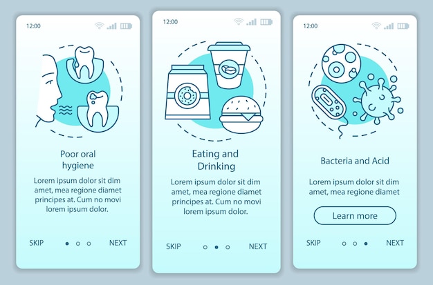 Przyczyny Chorób Zębów Onboarding Ekran Strony Aplikacji Mobilnej Z Koncepcjami Liniowymi. Instruktaż Dotyczący Niezdrowego Stylu życia Zawiera Instrukcje Graficzne. Szablon Wektorowy Ux, Ui, Gui Z Ilustracjami