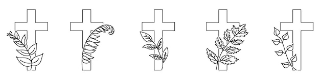 Plik wektorowy przydrożny krzyż z rośliną. krzyż z kwiatami. liniowy projekt krzyża chrześcijańskiego