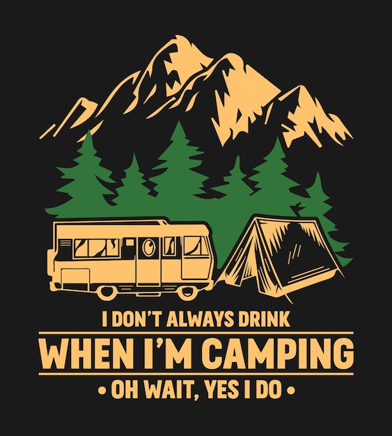 Przygoda Camping T-shirt Lub Projekt Plakatu Z Kamperem, Namiotem, Ilustracja Wektorowa Góry.