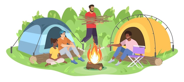 Przygoda na kempingu wycieczka płaska ilustracja wektorowa