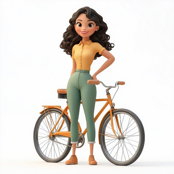 Wektor przygodowa kobieta na rowerze 3d ilustracja kreskówkowa