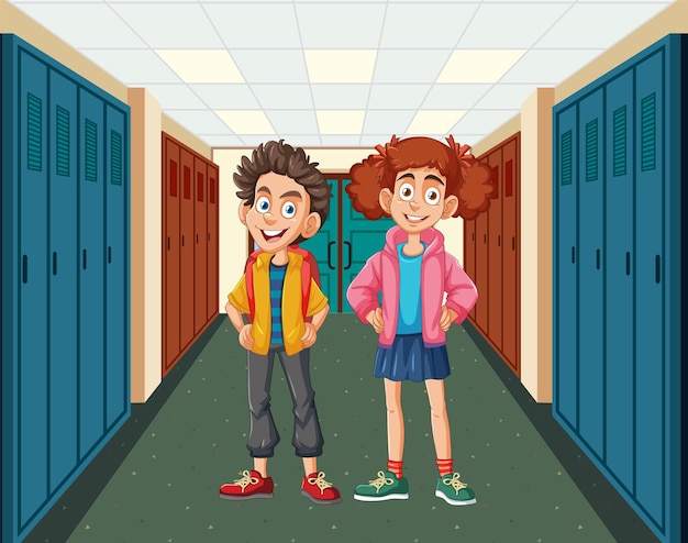 Plik wektorowy przyjaciele w szkole na ilustracji korytarza