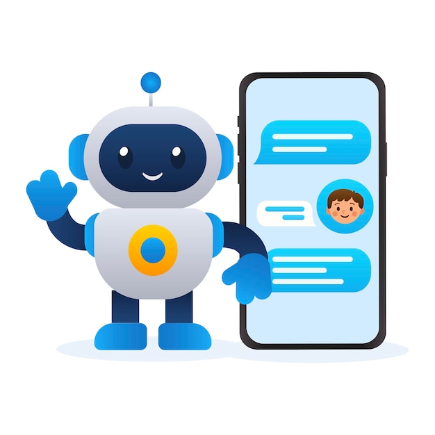 Przyjazny robot chatbot ze smartfonem ilustracja wektorowa asystenta AI Ilustracja Wektorowa