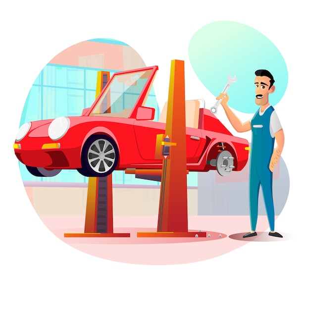 Przyjazny uśmiechnięty mechanik i samochód wisi na wyciągu