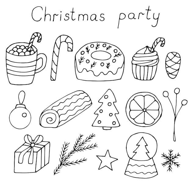 Przyjęcie świąteczne ustawić wektor ilustracja ręcznie rysunek gryzmoły