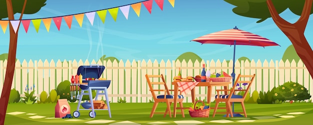Przyjęcie w ogrodzie piknik z grillem serwowane jedzenie stołowe napoje?