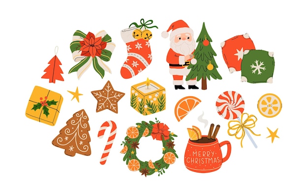 Przyjemna kolekcja przedmiotów świątecznych i noworocznych Zestaw tradycyjnych zimowych symboli elementów i dekoracji wieniec choinki mistletoe świece ubrania i inne kolorowe ilustracje płaskie