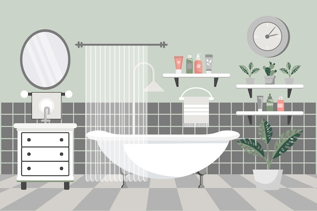 Plik wektorowy przyjemna łazienka wnętrze łazienki z meblami łazienkowymi kąpiel z umywalką ręczniki lustro okno