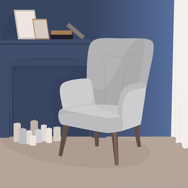 Plik wektorowy przyjemny szary fotel w pokoju z niebieskimi ścianami imitacja komina z świecami wektor